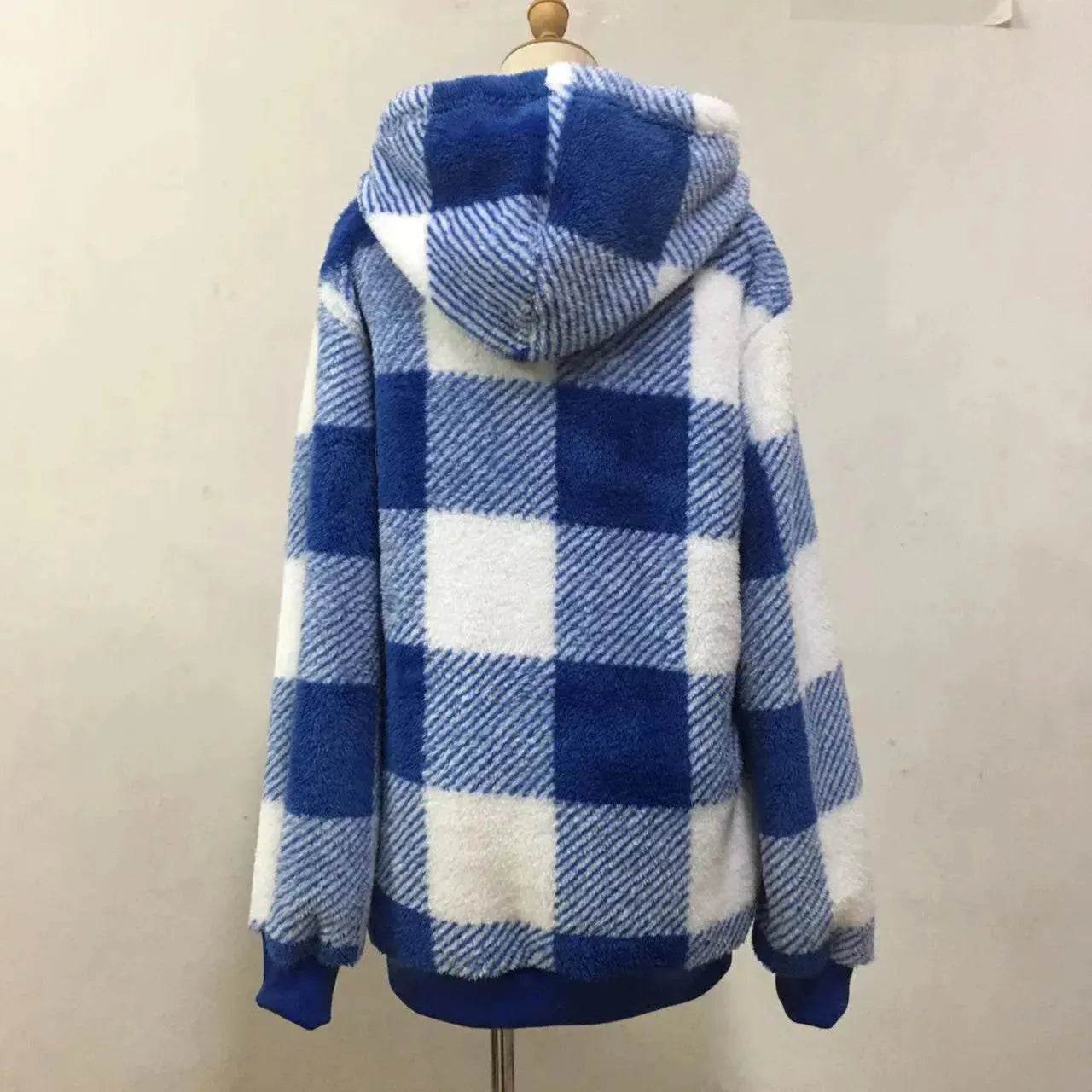 Casual Thick Fleece Plush half zip Plaid Hoodie Pullover top for women - www.Shopthatapp.com