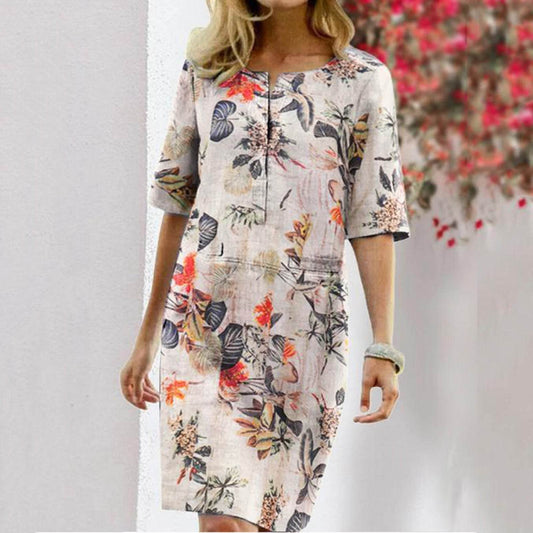 Vintage Dress Women Summer Floral Leaf Print Slit Round Neck Half Sleeve Dresses - www.Shopthatapp.com
