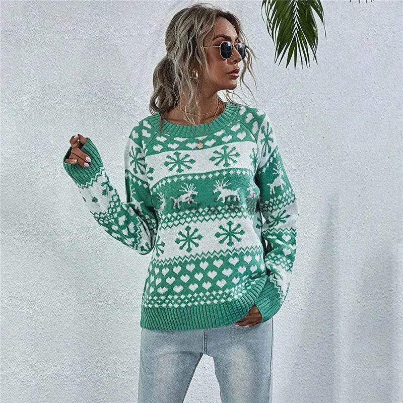Elk Autumn And Winter New Knitted Round Neck Women's Christmas Snowflake Pullover Women's Sweater - www.Shopthatapp.com
