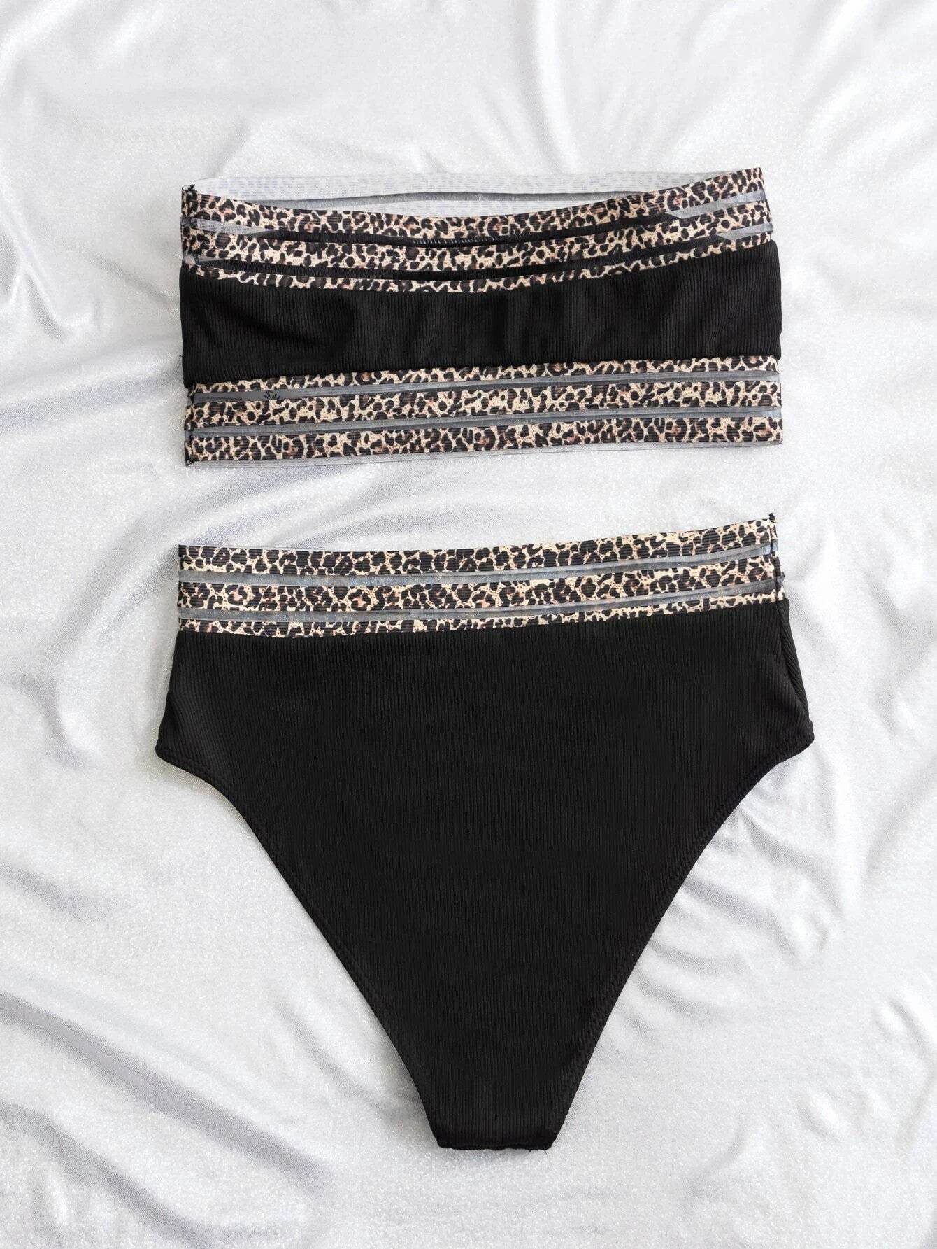 Split Swimsuit Leopard Splicing Strapless - www.Shopthatapp.com