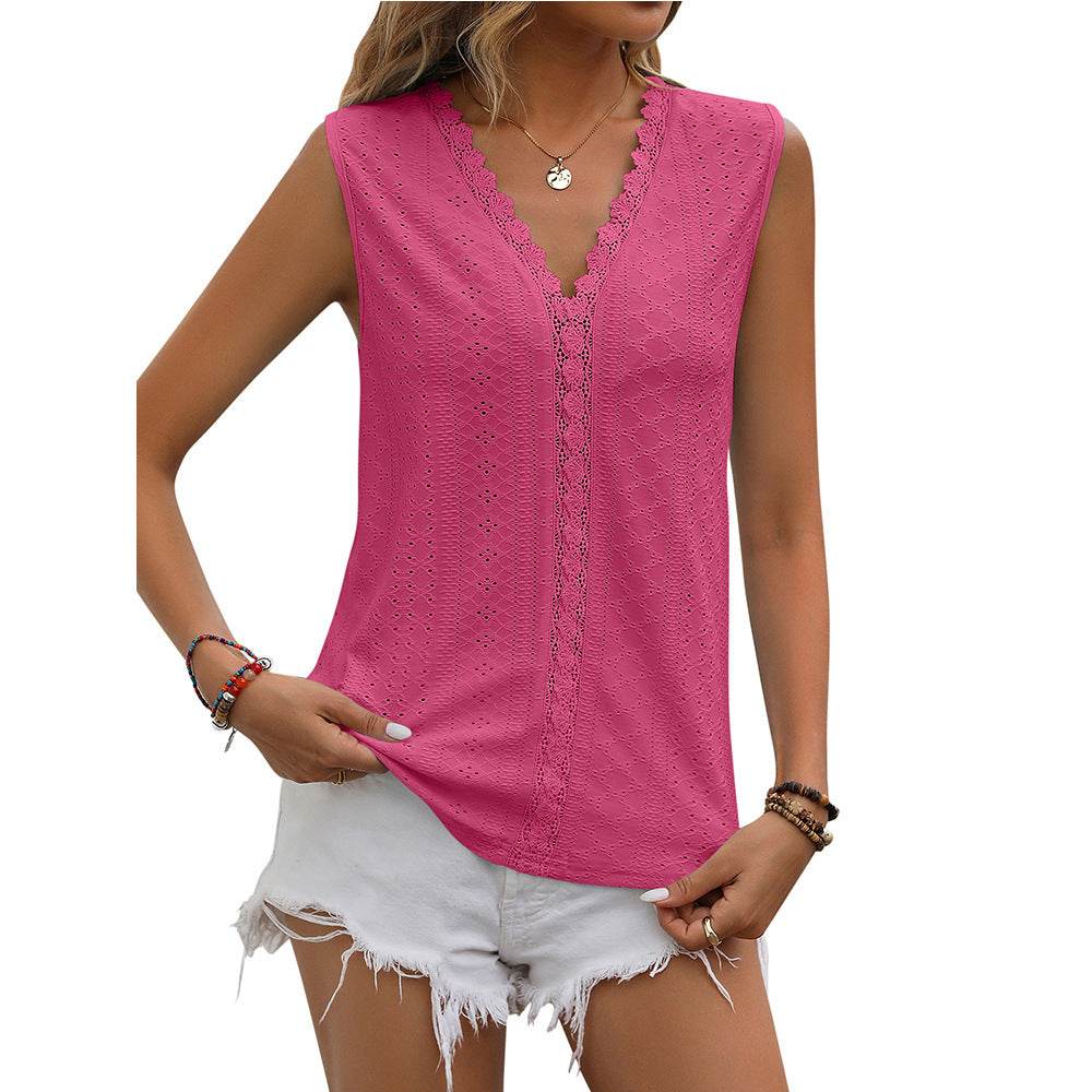 Summer Sleeveless Lace Blouse Tops Women V-neck top - www.Shopthatapp.com