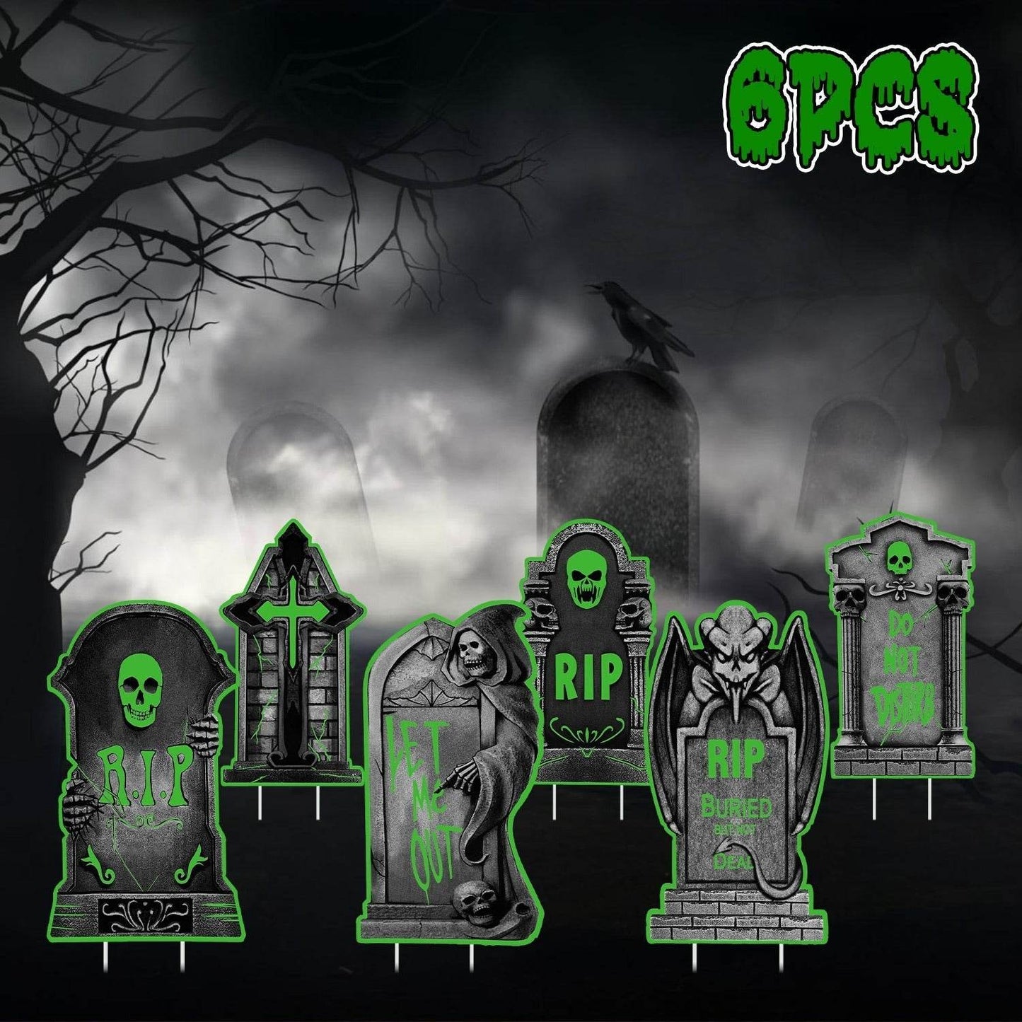 6Pcs Skull Or 6Pcs Tomb Or 5Pcs Black Cat Halloween Yard Sign Decorations Glow In The Dark For Haunted House Garden Yard And Scary Theme Party - www.Shopthatapp.com