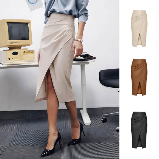 Women Formal Work Office Business High Waist Front Slit Midi Leather Skirt - www.Shopthatapp.com