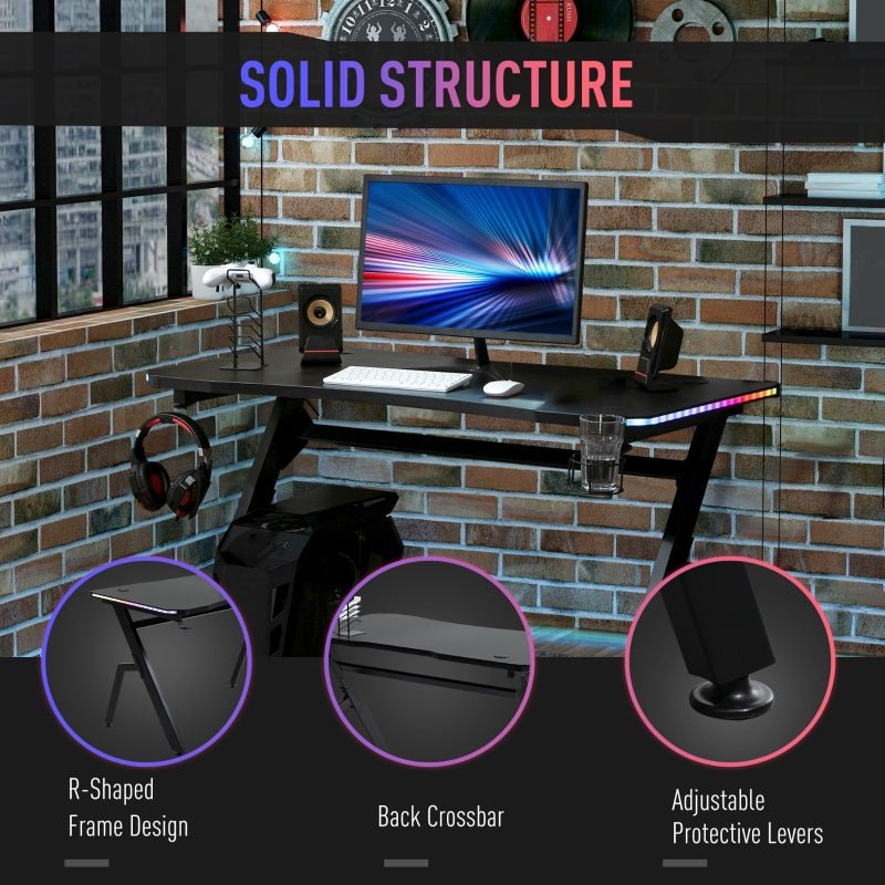 Racing Style LED Gaming Desk Office Desk Computer Table RGB Carbon Fibre Surface Headphone Hook Cup Holder Controller Rack Black - www.Shopthatapp.com