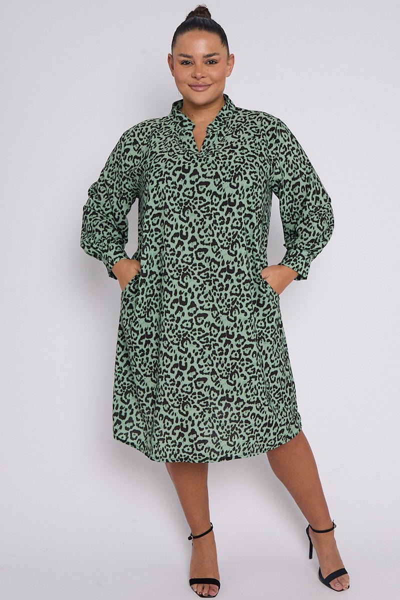Eliana PLUS SIZE Green Animal Print Collar Style Dress With Pockets - www.Shopthatapp.com