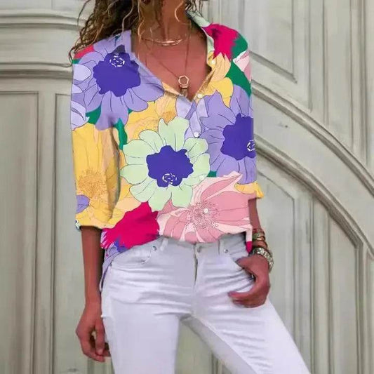 European And American Digital Printed Flowers Lapel Single Breasted Long-sleeved Shirt - www.Shopthatapp.com