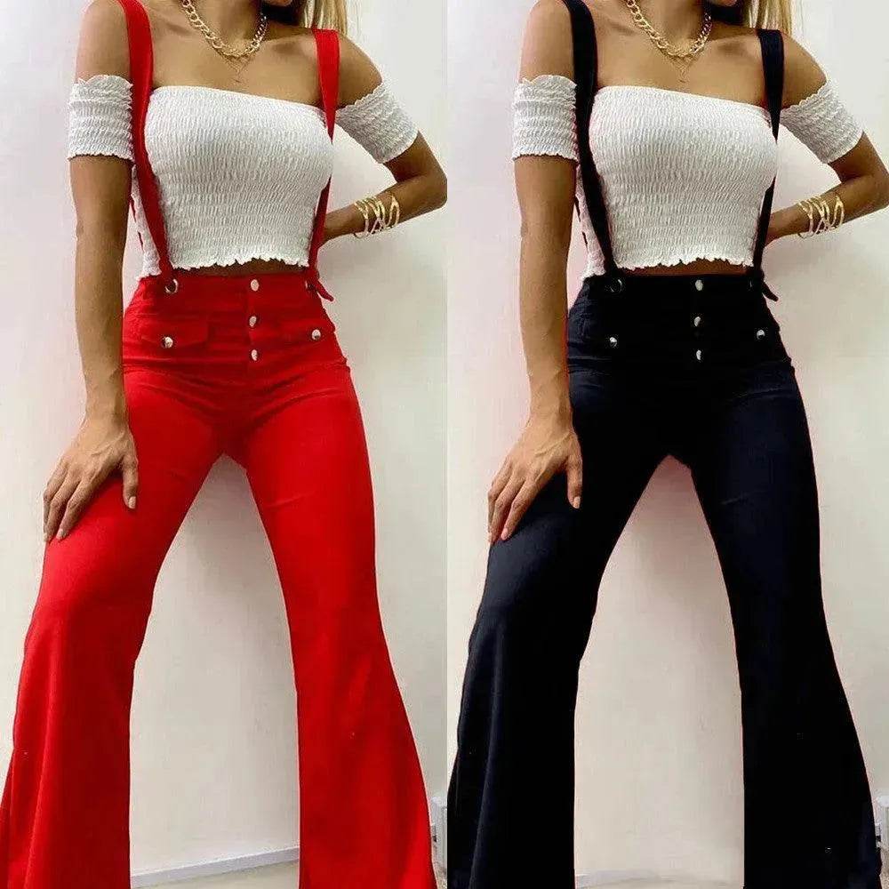 European And American High Waist Strap Casual Flared Jeans Pants - www.Shopthatapp.com