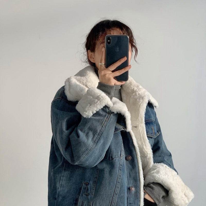 Plush Thick Lamb Wool Denim Jacket Women Short - www.Shopthatapp.com