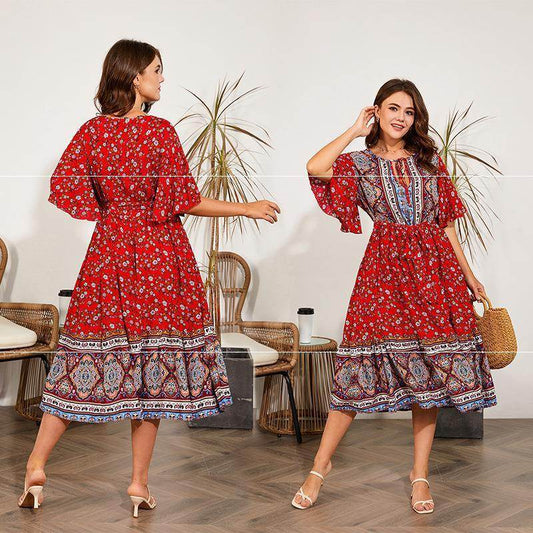Modest Plus Size Summer dress V Neck Midi Beach boho Dress - www.Shopthatapp.com