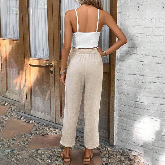 Women's Summer 2-Piece Outfit Sleeveless Lace Vest Top And Casual Elastic Waist Pants - www.Shopthatapp.com