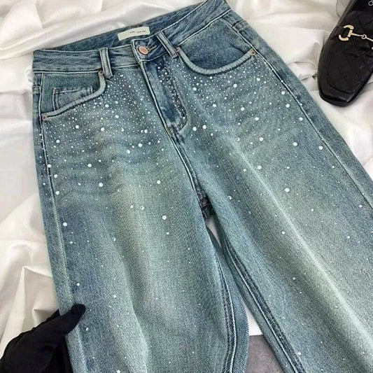 Starry Diamond In The Debris Rhinestone Straight Baggy Jeans Pant For Women - www.Shopthatapp.com