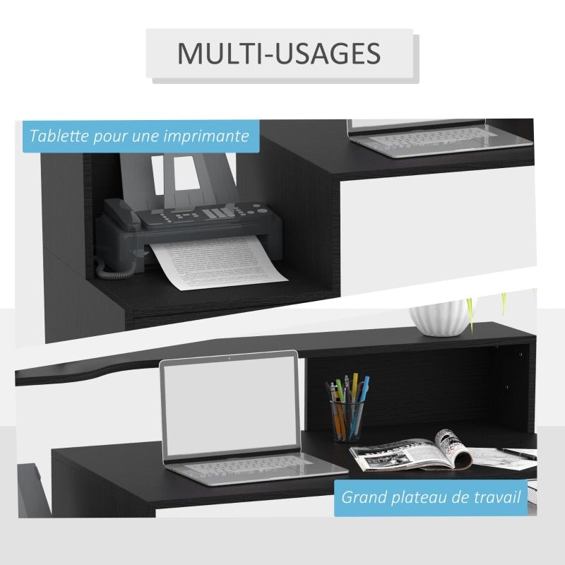 Modern Computer Desk with Drawers and Storage Shelves, Study Workstation, Writing Desk with Printer Stand for Home Office, Black - www.Shopthatapp.com