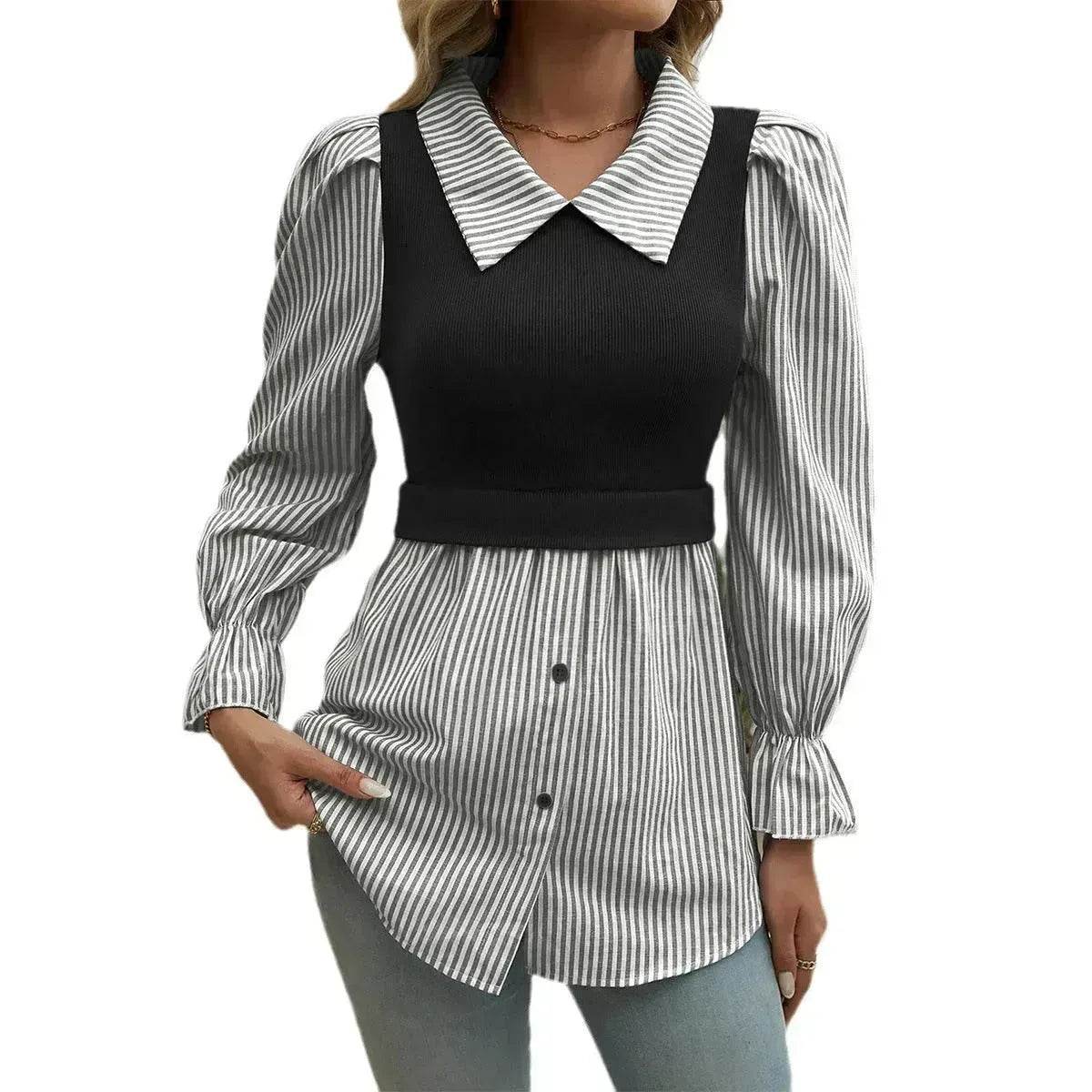 Women's Casual Contrast Color Stitching Long Sleeve Collar Ladies Evening Top - www.Shopthatapp.com