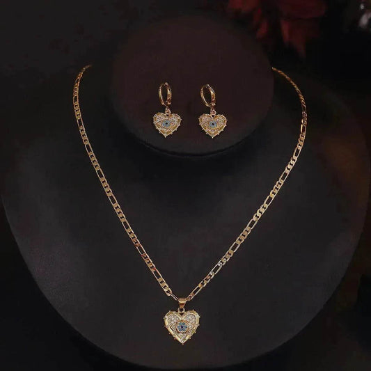 Fashion Jewelry Personality Copper Plated Real Gold Heart-shaped Zircon Pendant Necklace And Earrings Suite - www.Shopthatapp.com