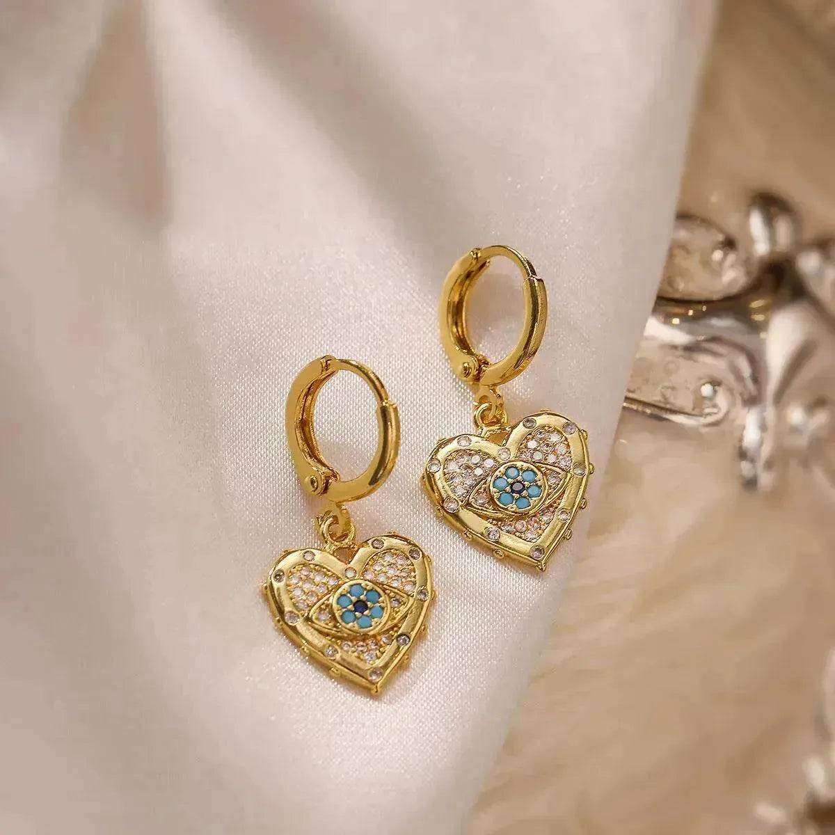 Fashion Jewelry Personality Copper Plated Real Gold Heart-shaped Zircon Pendant Necklace And Earrings Suite - www.Shopthatapp.com