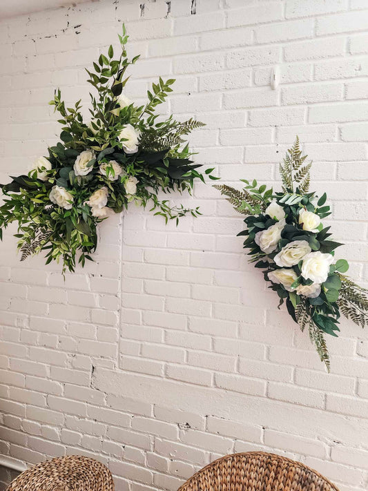 Faux Floral Arch Installation - Whites & Greens - www.Shopthatapp.com