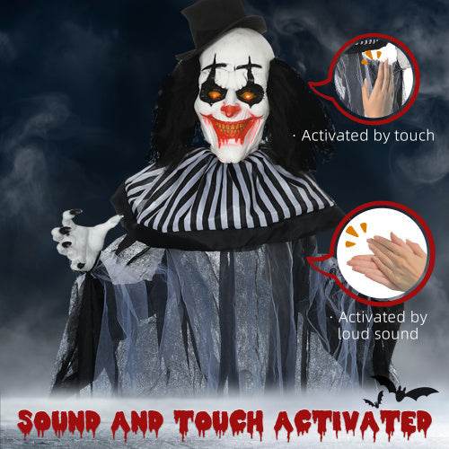 HOMCOM 6 Life Size Outdoor Halloween Decoration, Classic Black And White Striped Clown Animatronic, Sound And Motion Activated Animated Prop With Light Up Eyes Sounds - www.Shopthatapp.com