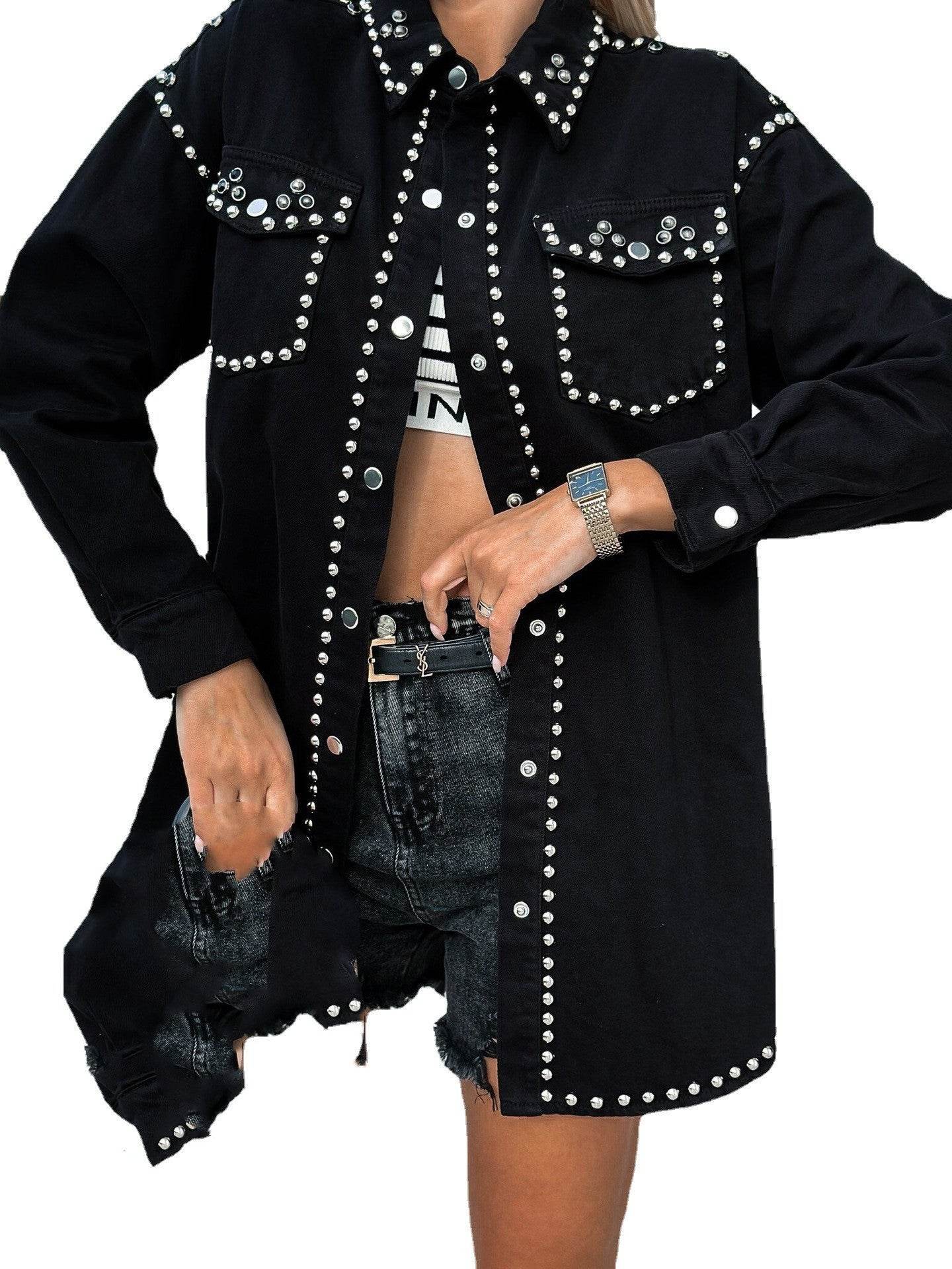 Denim Jacket Women – Retro Street Style Loose Rivet Design - www.Shopthatapp.com