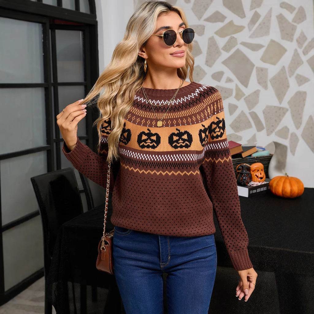 Women's Halloween Pumpkin Embroidered Retro Long-sleeved Sweater - www.Shopthatapp.com