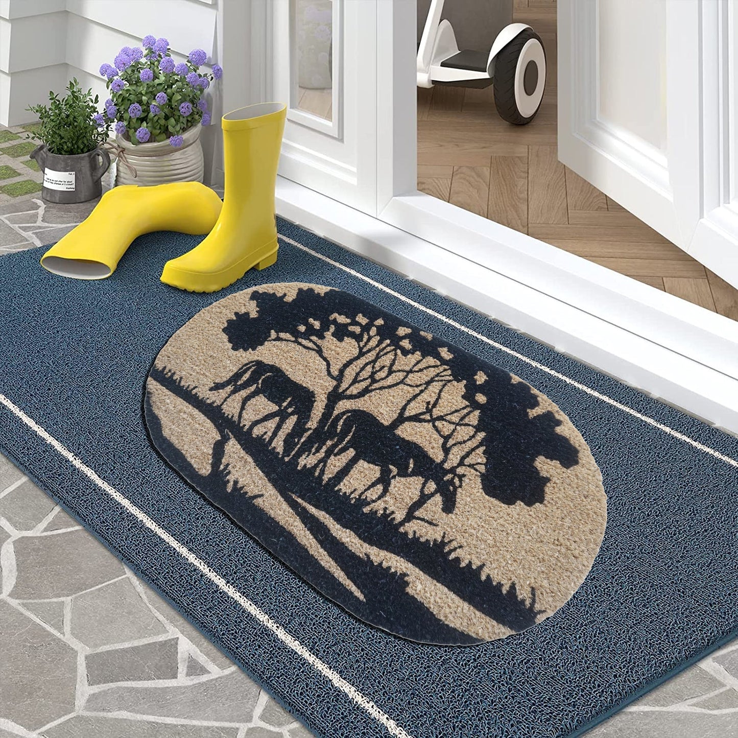 Paillasson rond en fibre de coco Riverside Horse, naturel, touffeté en PVC