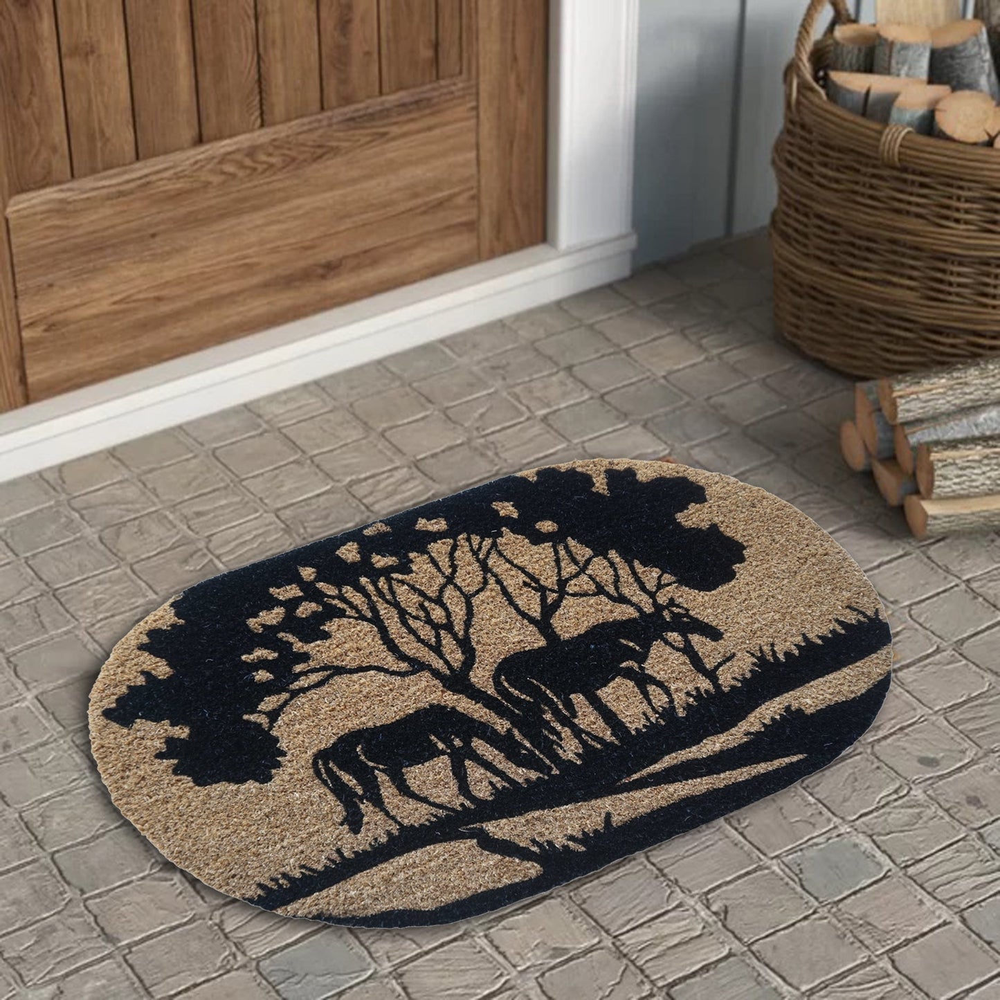 Paillasson rond en fibre de coco Riverside Horse, naturel, touffeté en PVC