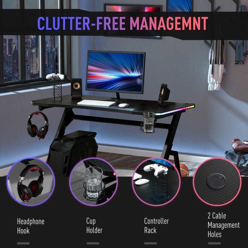 Racing Style LED Gaming Desk Office Desk Computer Table RGB Carbon Fibre Surface Headphone Hook Cup Holder Controller Rack Black - www.Shopthatapp.com