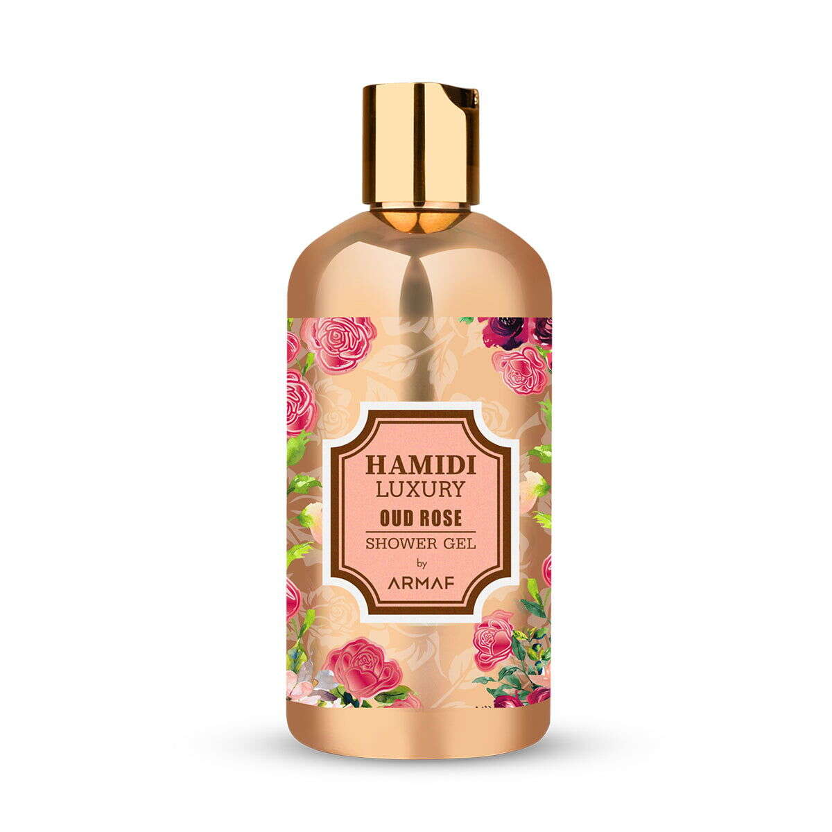 Hamidi luxury oud rose shower gel bottle featuring a floral design and golden cap