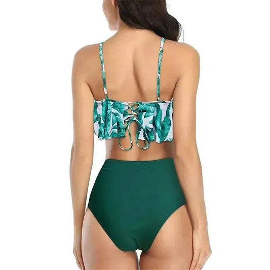 High Waist Split Swimsuit with Double Layer Lotus Leaf Design - www.Shopthatapp.com
