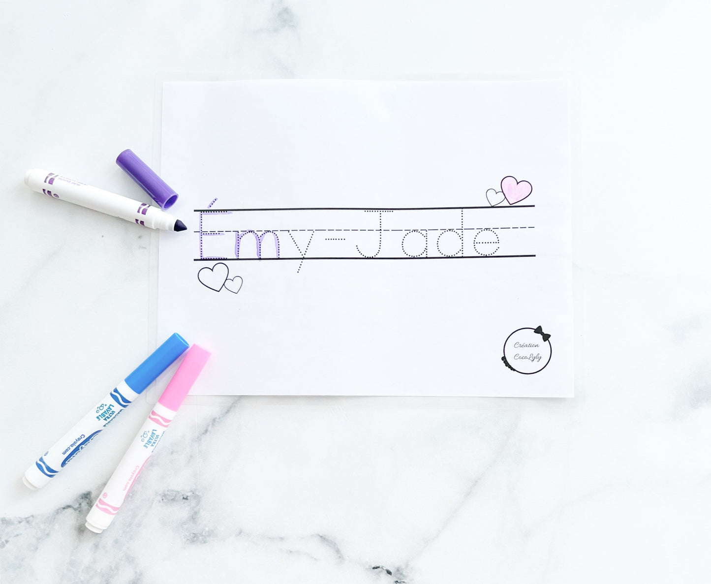 Feuille effaçable éducative et réutilisable trace ton prénom personnalisé petit coeur-Arts and crafts-www.Shopthatapp.com-Creation Coco Lyly