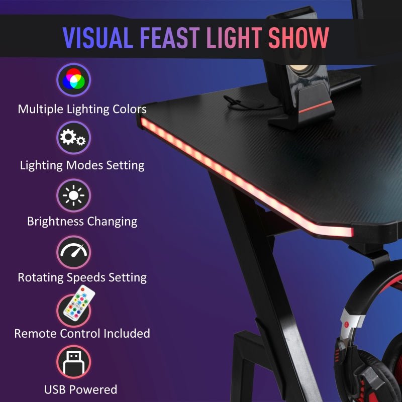Racing Style LED Gaming Desk Office Desk Computer Table RGB Carbon Fibre Surface Headphone Hook Cup Holder Controller Rack Black - www.Shopthatapp.com