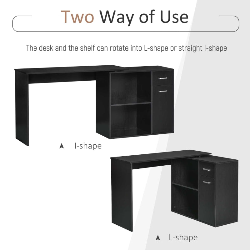 L-Shaped Desk Computer Corner Desk, Adjustable Dining Table with Storage Shelf and Drawer, Workstation for Home Office, Black - www.Shopthatapp.com