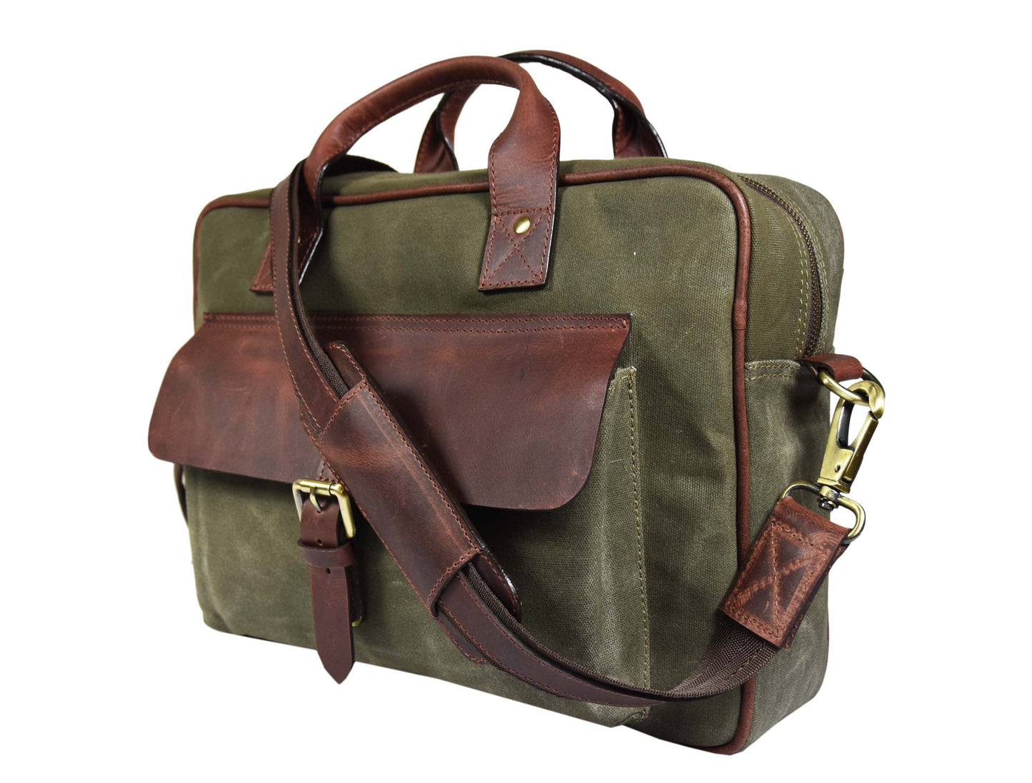 Leather 15" Canvas Briefcase Bag Seaweed Green (PB - 154) - www.Shopthatapp.com