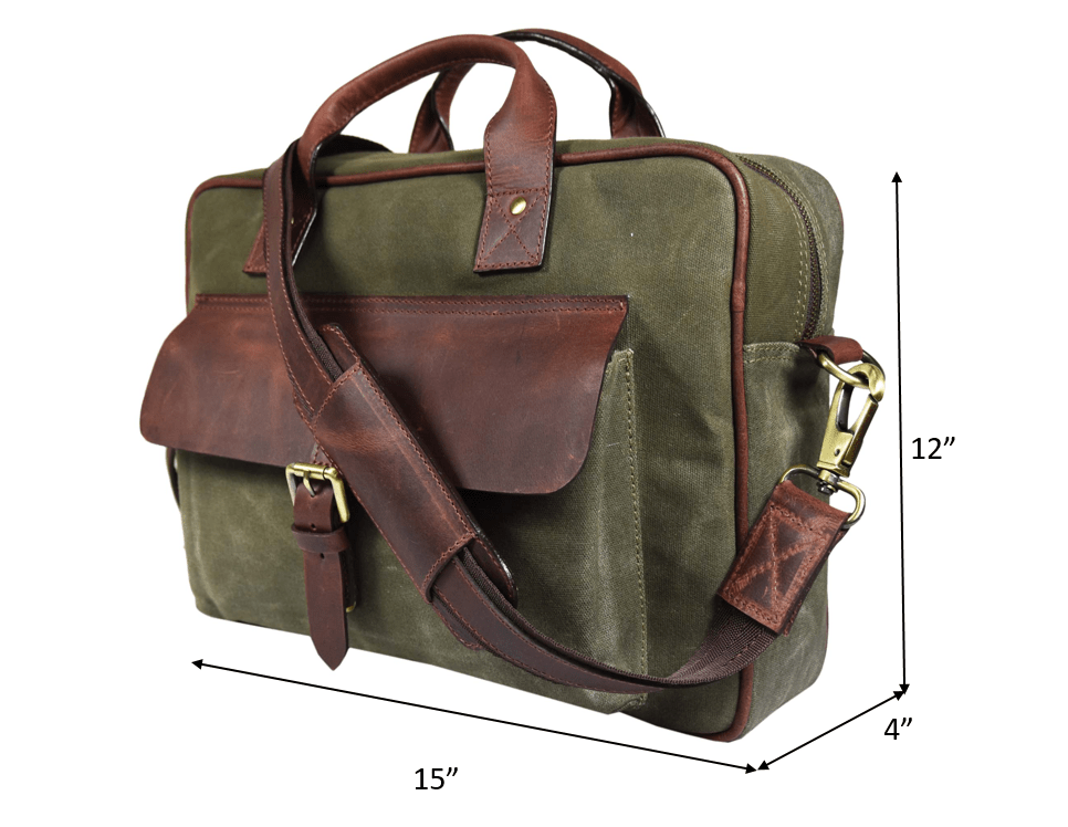 Leather 15" Canvas Briefcase Bag Seaweed Green (PB - 154) - www.Shopthatapp.com