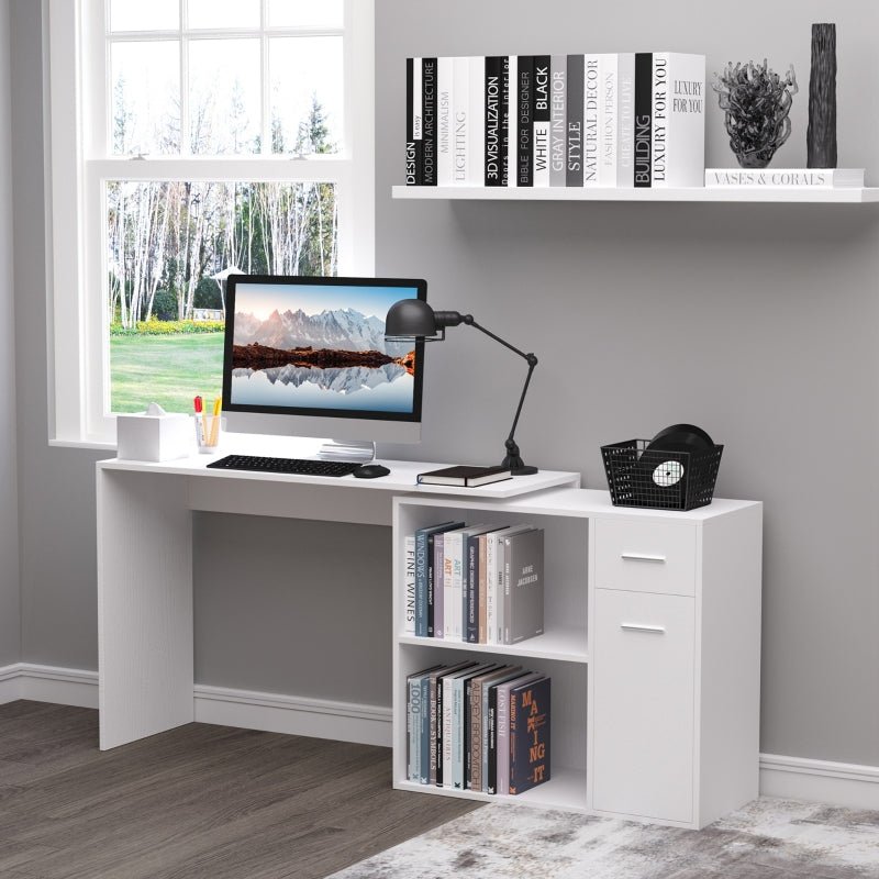 Bureau d'angle en L, table à manger réglable avec étagère de rangement et tiroir, poste de travail pour bureau à domicile, blanc