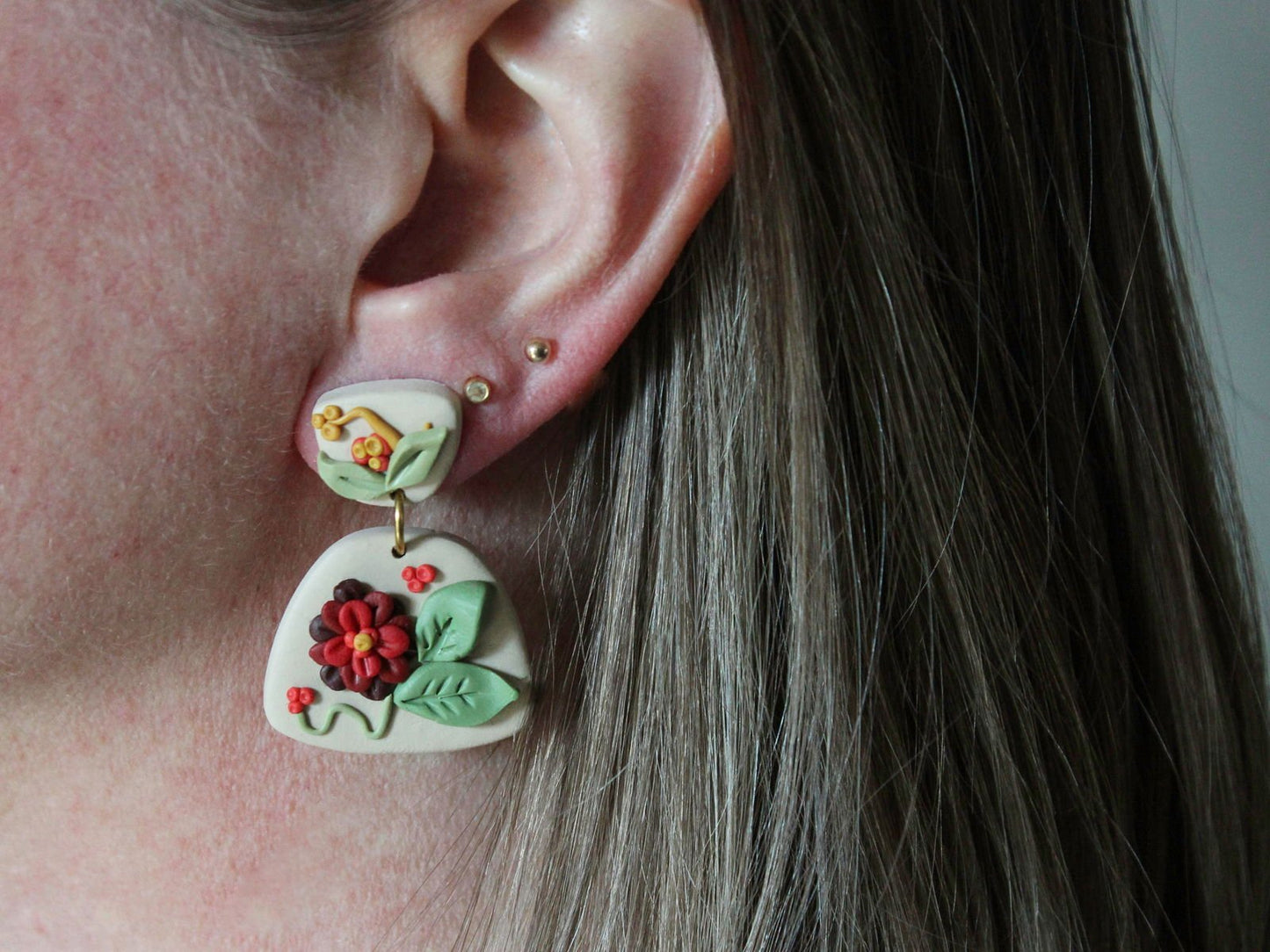 MAYA Earrings - Beige & Red Polymer Clay Floral Earrings - www.Shopthatapp.com