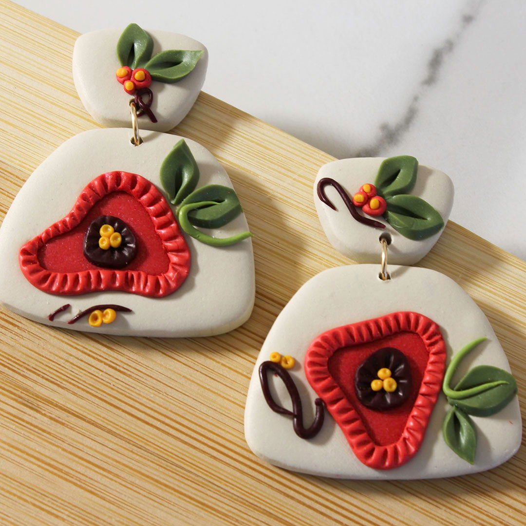MAYA Earrings - Beige & Red Polymer Clay Floral Earrings - www.Shopthatapp.com