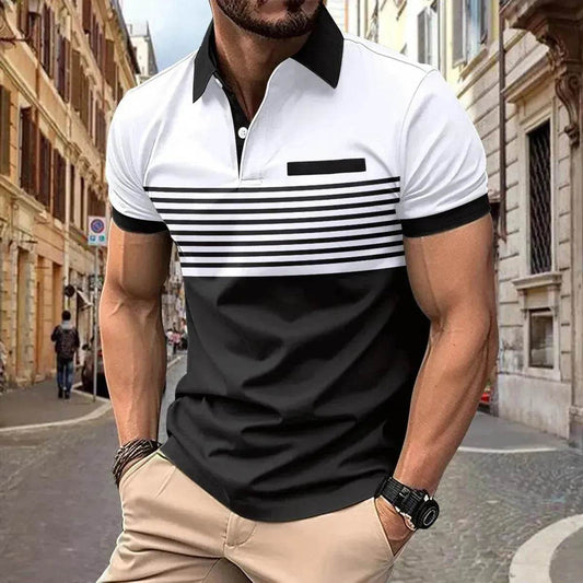Men's Casual Striped polo T-Shirt With fake Chest Pocket - www.Shopthatapp.com