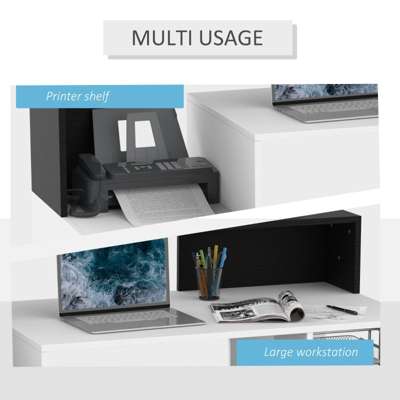 Modern Computer Desk with Drawers and Storage Shelves, Study Workstation, Writing Desk with Printer Stand for Home Office, Black and White - www.Shopthatapp.com