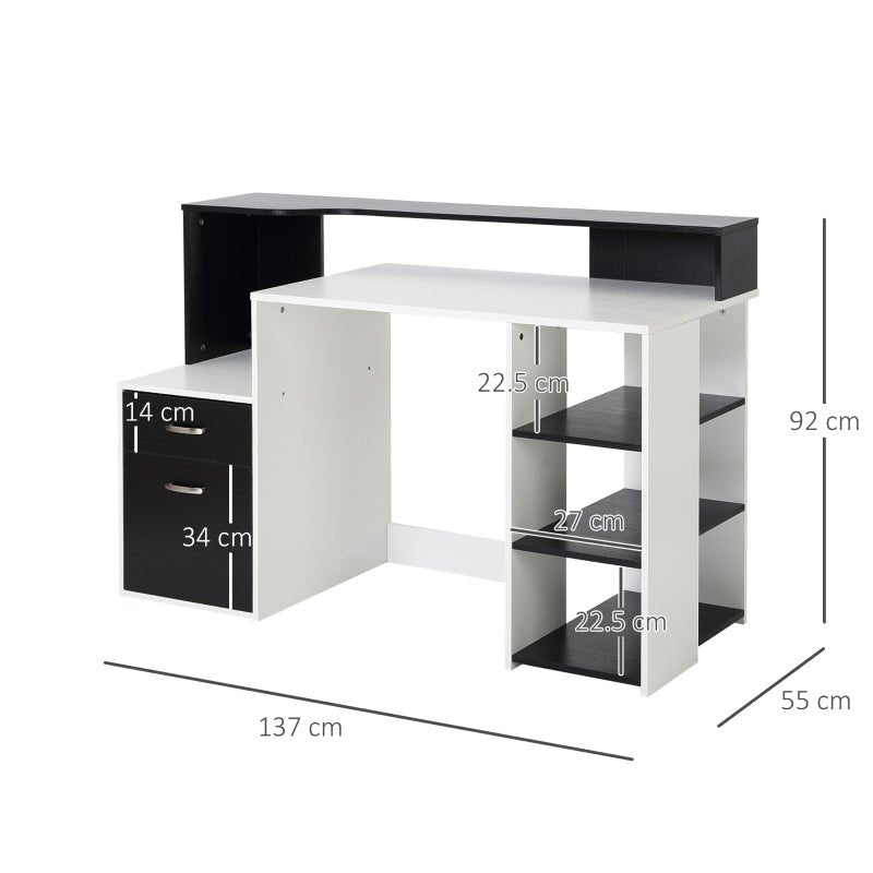 Modern Computer Desk with Drawers and Storage Shelves, Study Workstation, Writing Desk with Printer Stand for Home Office, Black and White - www.Shopthatapp.com