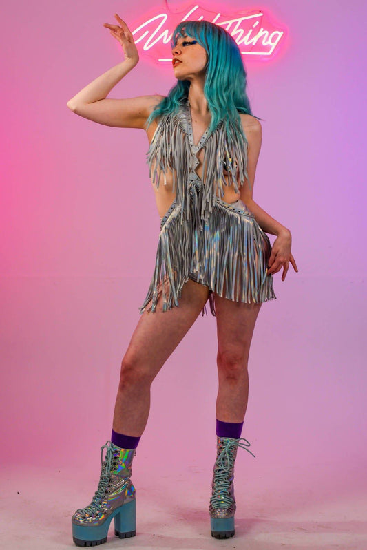NEVERLAND FRINGE HARNESS DRESS - HOLOGRAPHIC SILVER - www.Shopthatapp.com