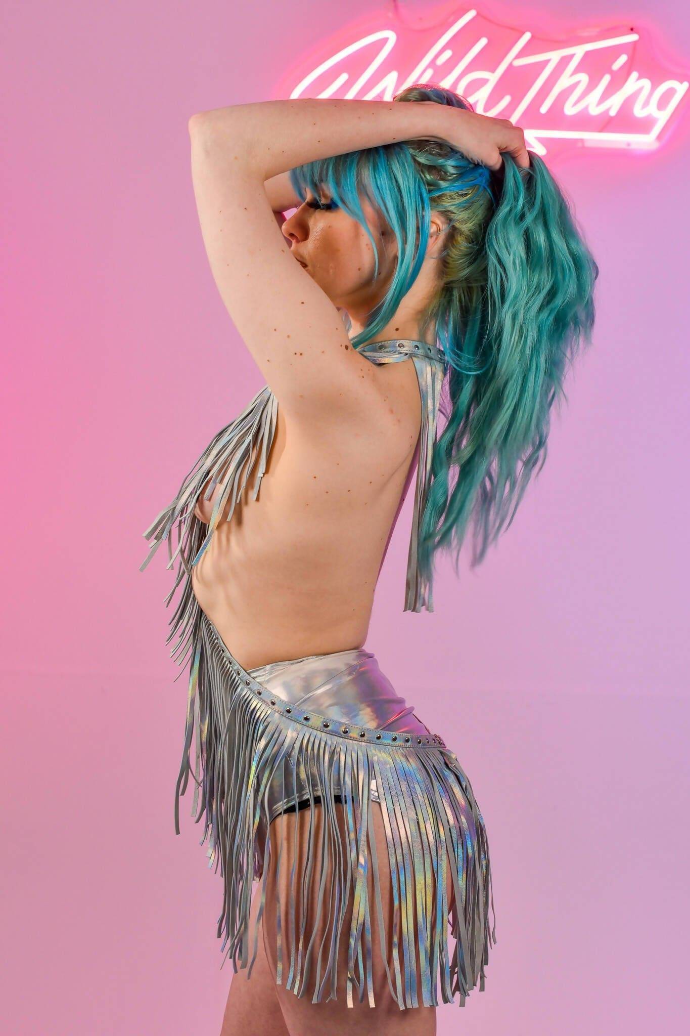 NEVERLAND FRINGE HARNESS DRESS - HOLOGRAPHIC SILVER - www.Shopthatapp.com