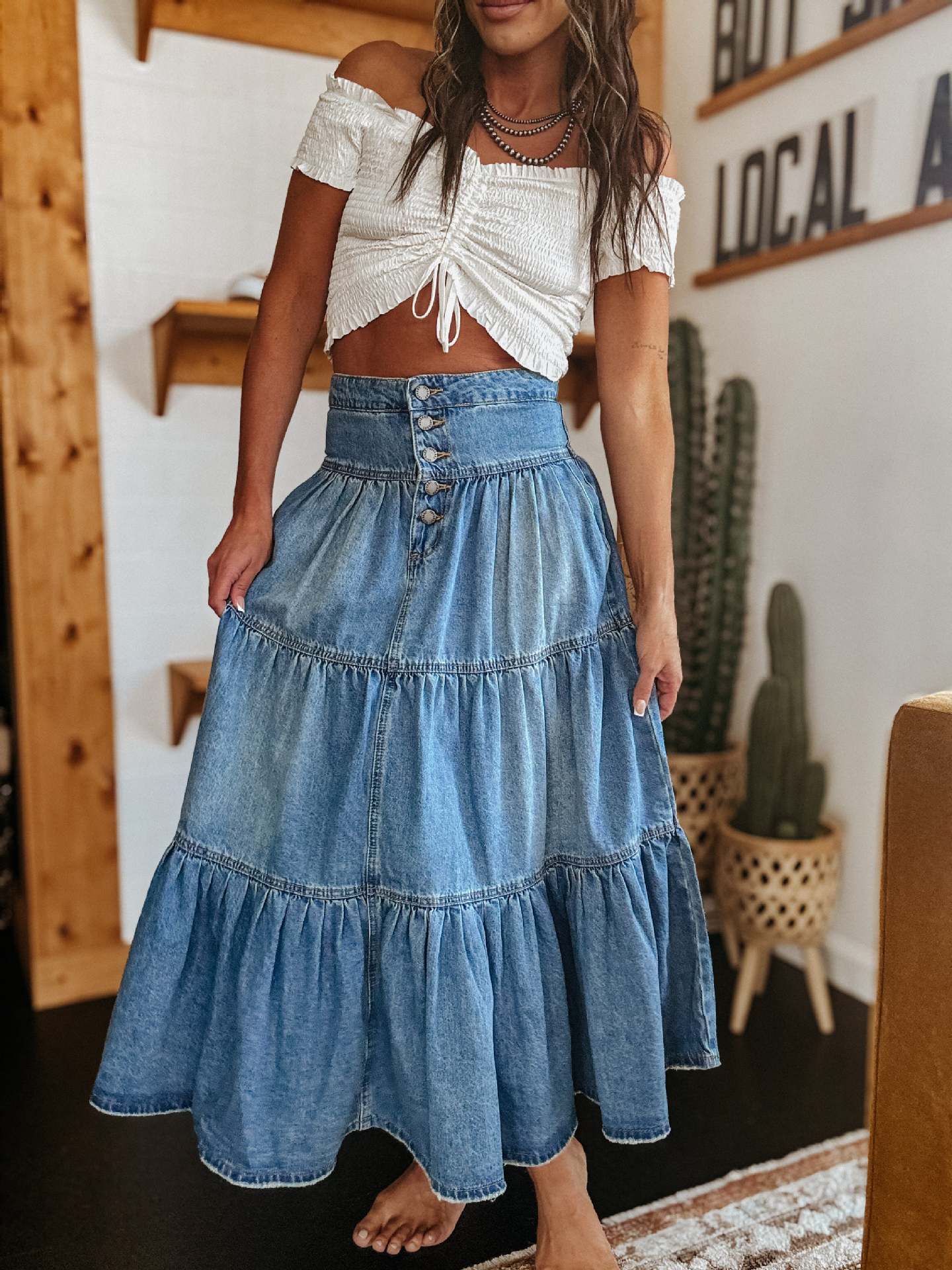 Jupe en jean de coton superposée style bohème Noella