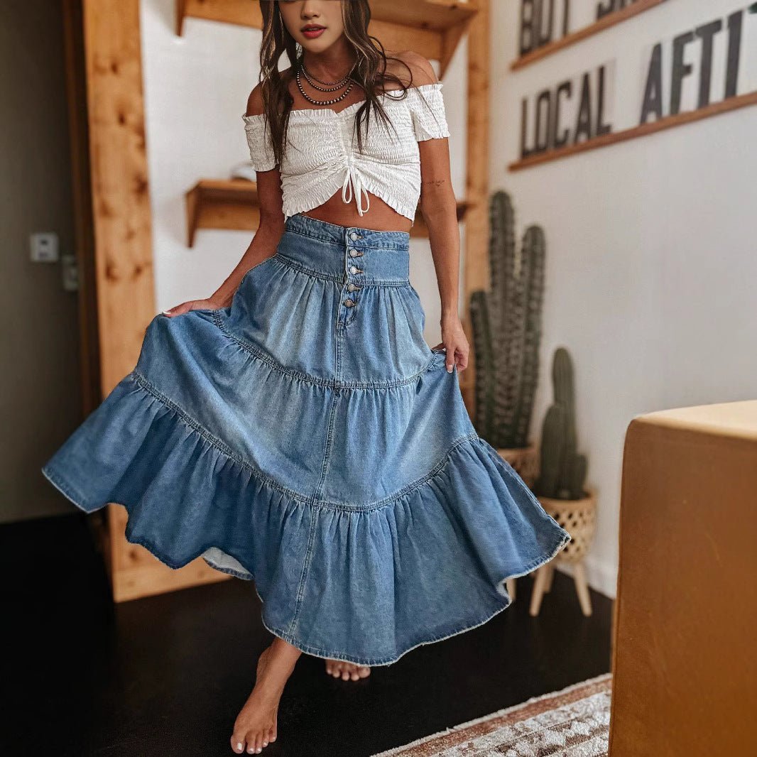 Noella Bohemian A- Line Layered Cotton Denim Skirt - www.Shopthatapp.com