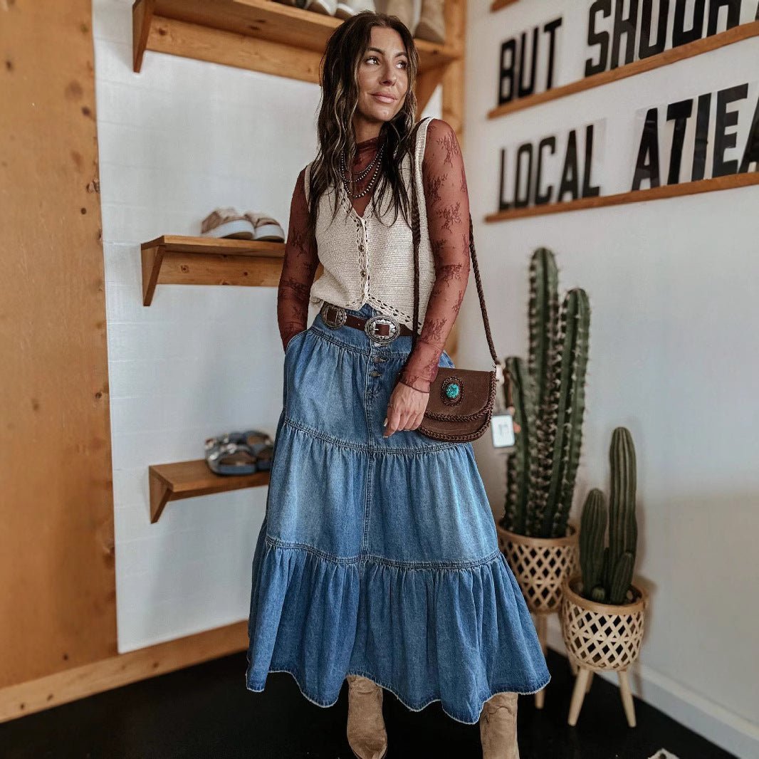 Noella Bohemian A- Line Layered Cotton Denim Skirt - www.Shopthatapp.com