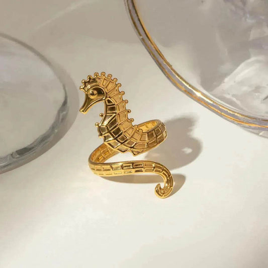 Ocean 18K Gold Stainless Steel Seahorse Opening Ring for Women - www.Shopthatapp.com