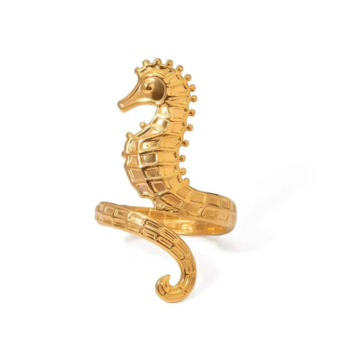 Ocean 18K Gold Stainless Steel Seahorse Opening Ring for Women - www.Shopthatapp.com