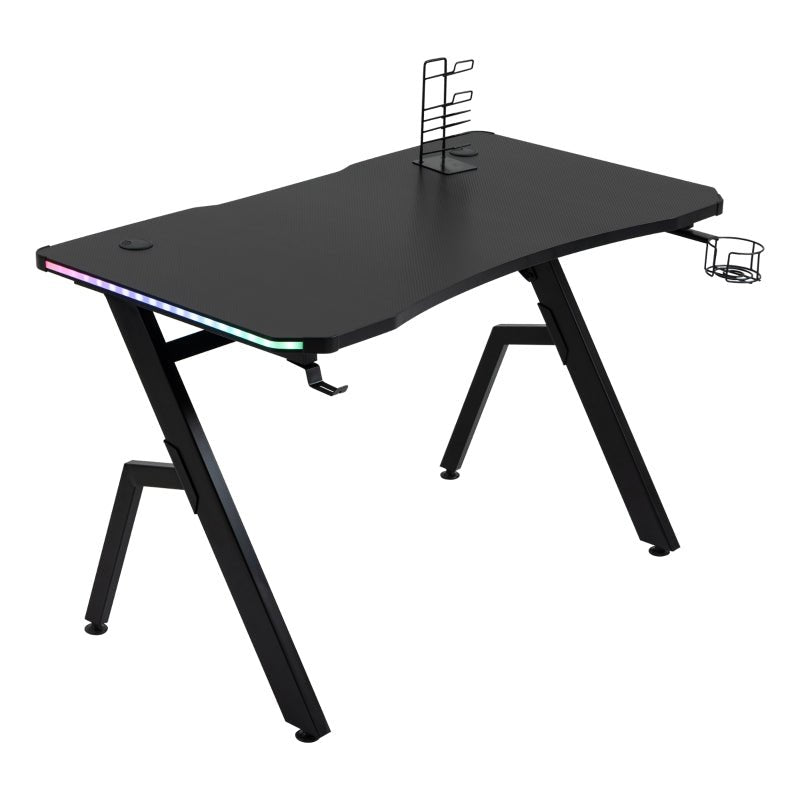 Racing Style LED Gaming Desk Office Desk Computer Table RGB Carbon Fibre Surface Headphone Hook Cup Holder Controller Rack Black - www.Shopthatapp.com