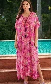 Rayon Rose Red Embroidered Beach Dress Outer Wear - www.Shopthatapp.com