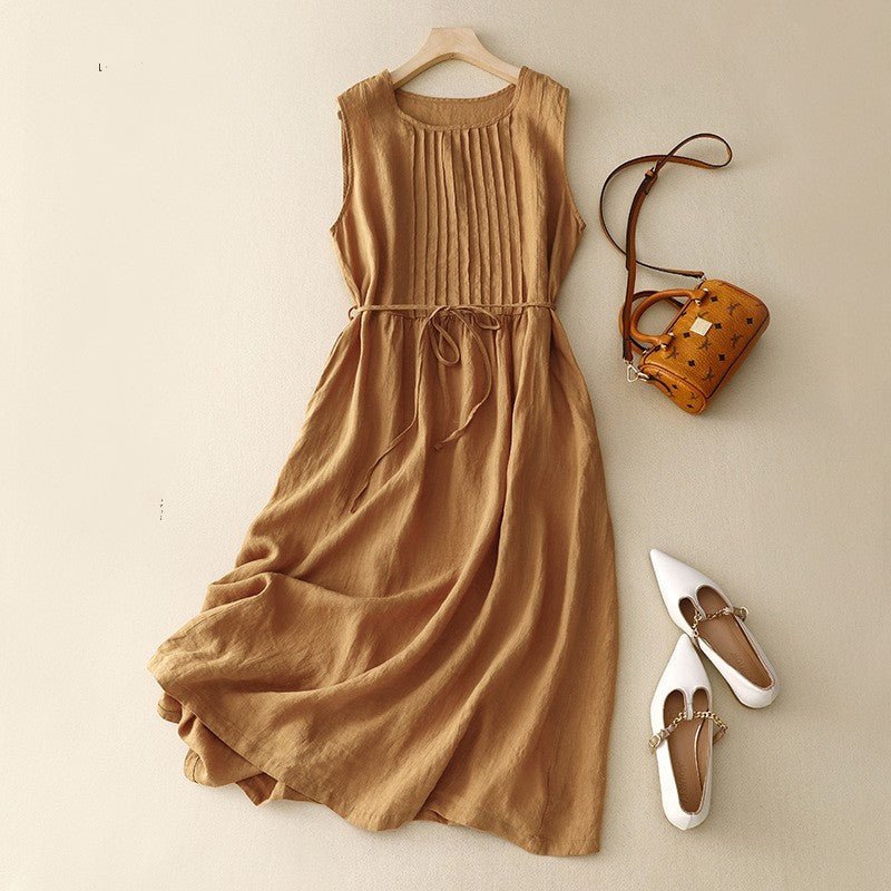 Resilia Round Neck Sleeveless Cotton Linen Loose Dress - www.Shopthatapp.com