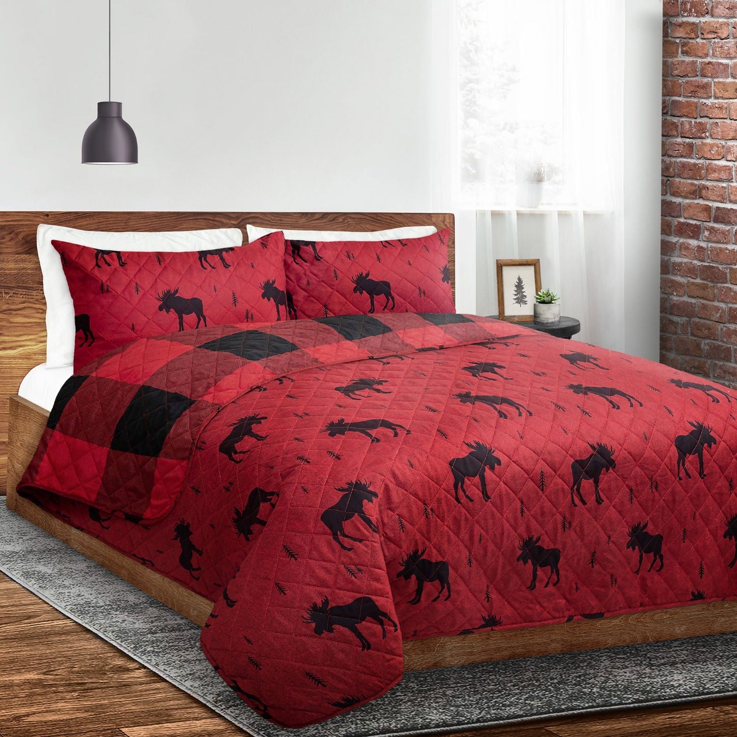 Reversible Printed Quilt Bedding Set 3 Piece Double/Queen 90X90 Red Moose Ddp - www.Shopthatapp.com